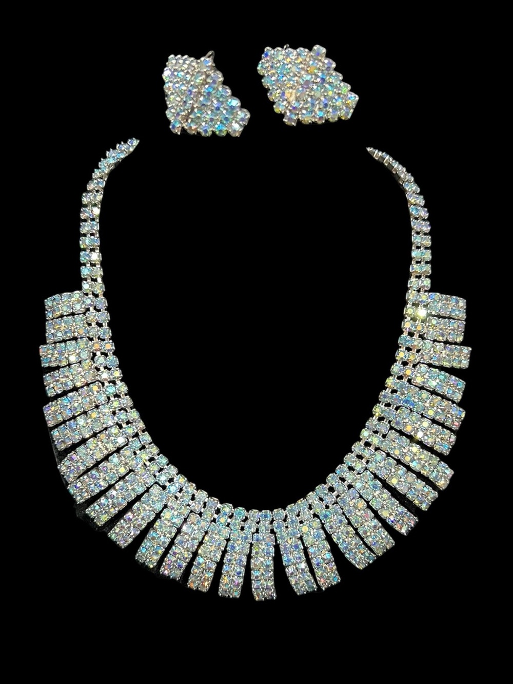 1950's - Blue AB Rhinestone Bowed Necklace and Geometric Earring Set